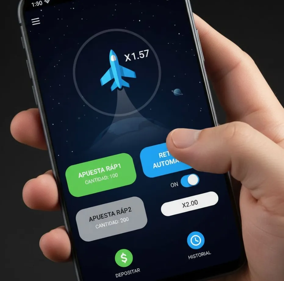 Mano interactuando con una tablet que muestra la pantalla de Lucky Jet, con opciones para jugar en modo demo o con dinero real. 